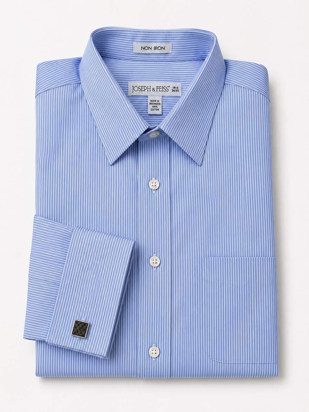 Joseph & Feiss Non Iron French Cuff Blue Stripe Dress Shirt 18.5 34/35 Cotton